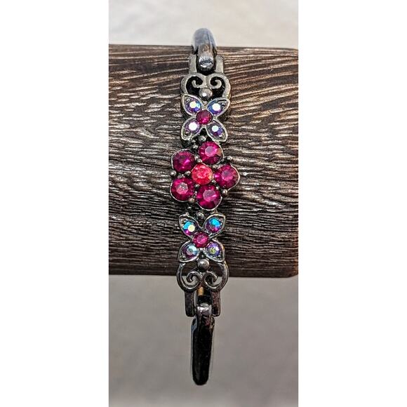 Vintage Floral Crystal Fold Over Clasp Three Piece Bangle Bracelet - Picture 1 of 8